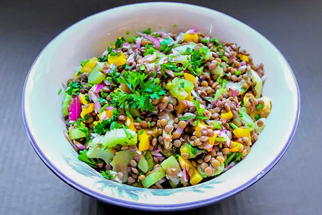 lentil summer salad with celery in a bowl