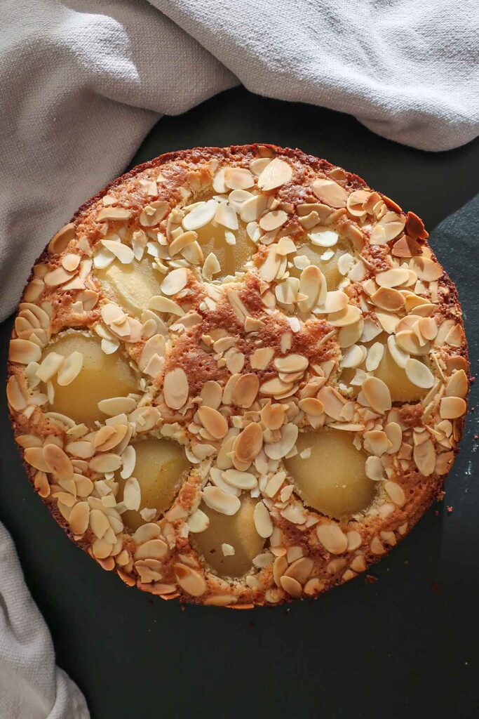 overview of baked pear and almond French cake