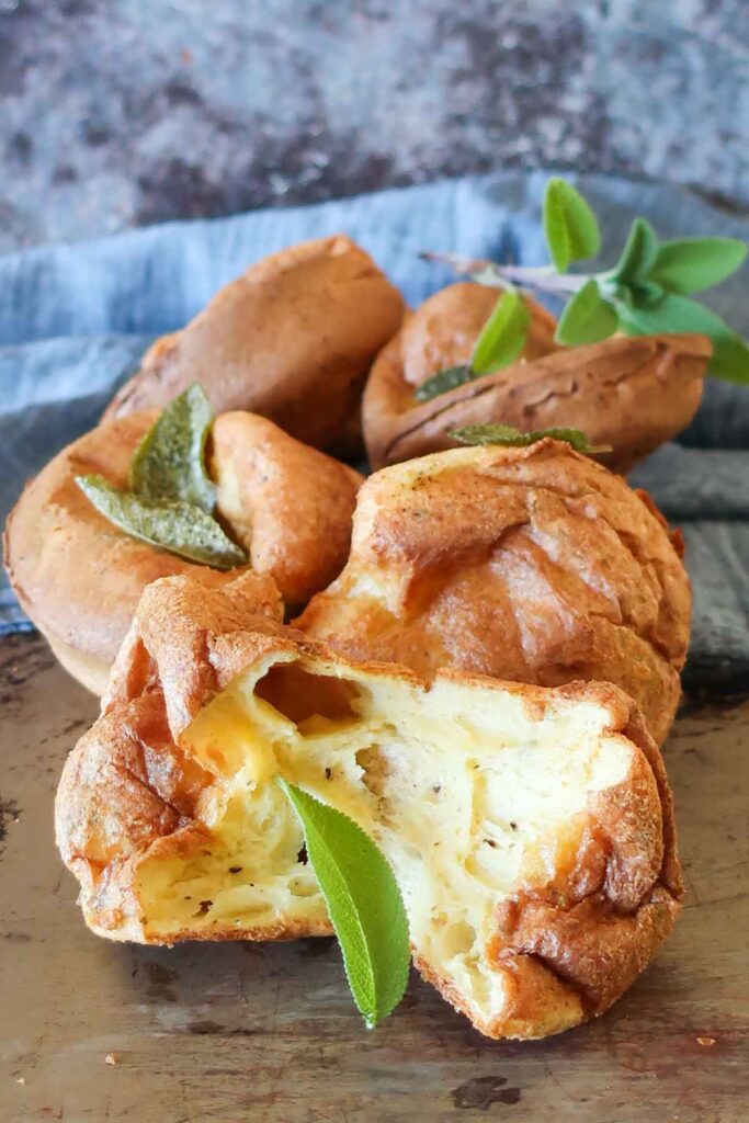 showing inside of a baked sage cheese popover