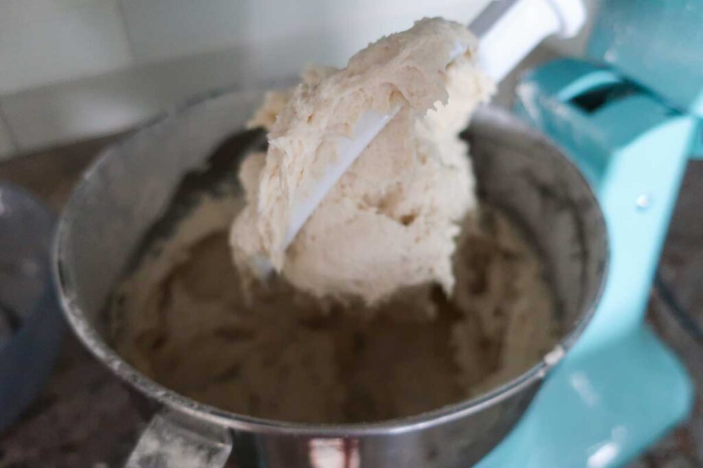 portuguese bread dough on a flat paddle of the mixer