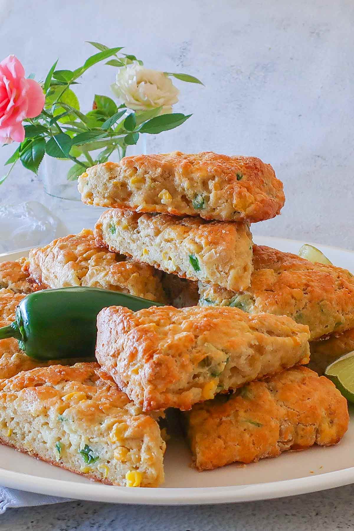 stacked jalapeno, corn, feta scones on a plate, gluten free