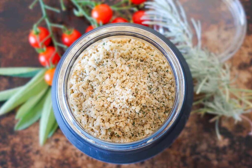 seasoned gluten free bread crumbs in a glass jar