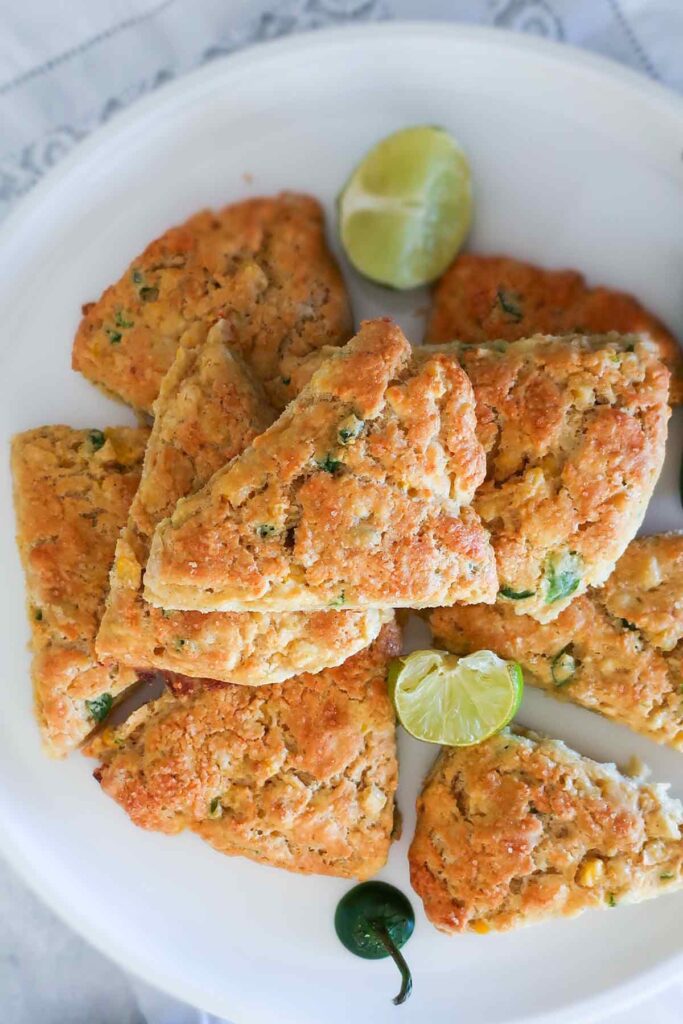 close up of a jalapeno corn feta scone