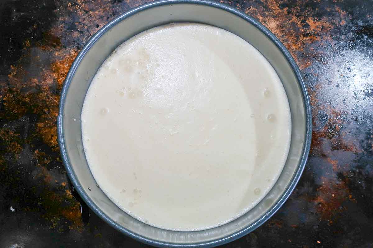 cake batter before baking in a springform pan