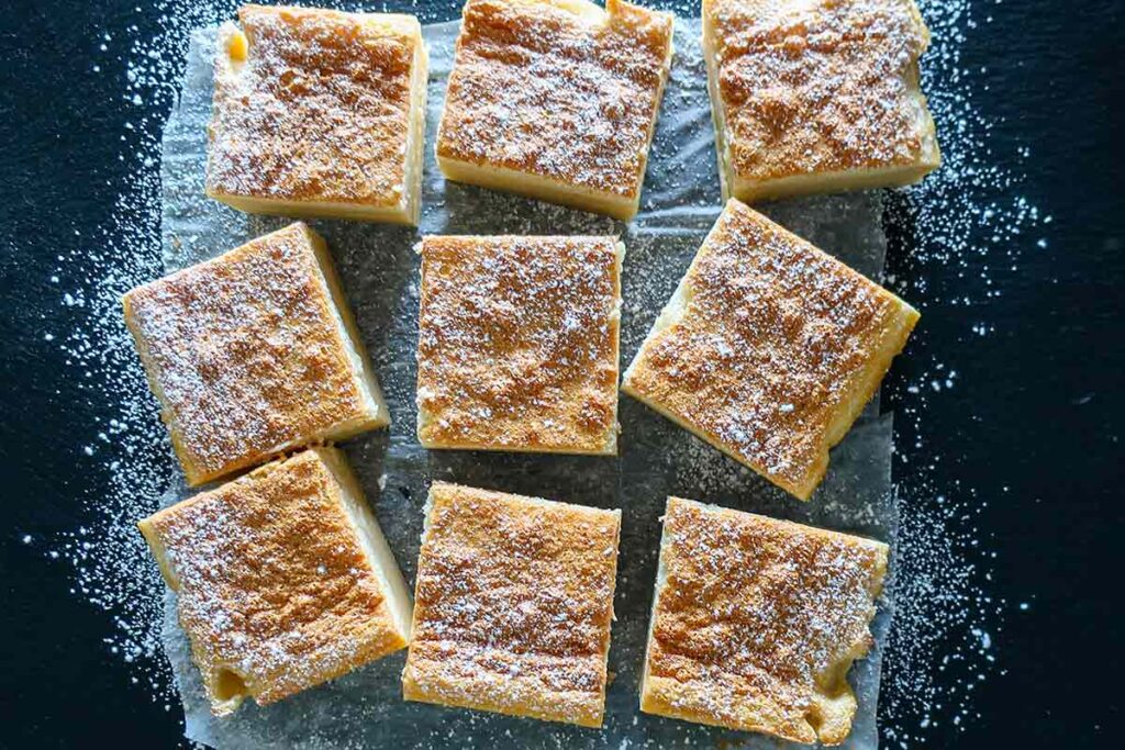 overview of 9 cake squares dusted with powdered sugar