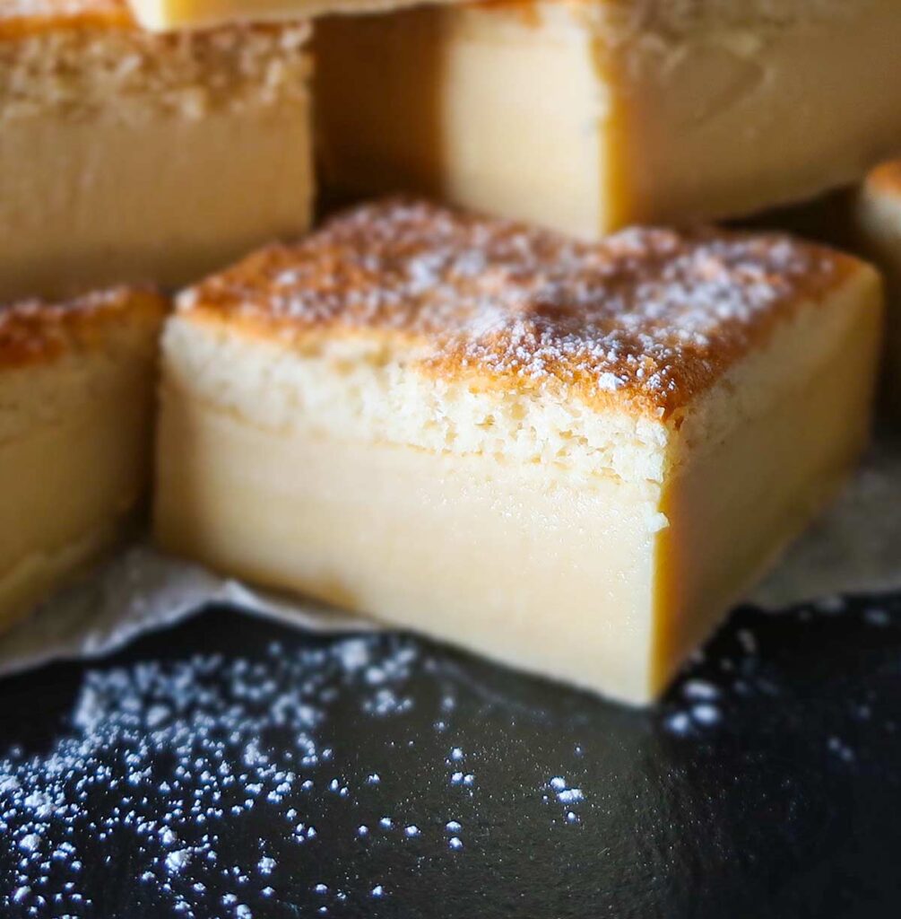 close up of vanilla custard magic cake