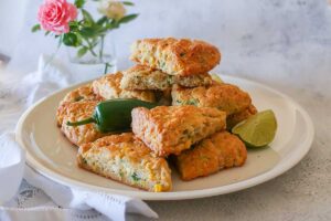 jalapeno, corn, feta, scones on a plate