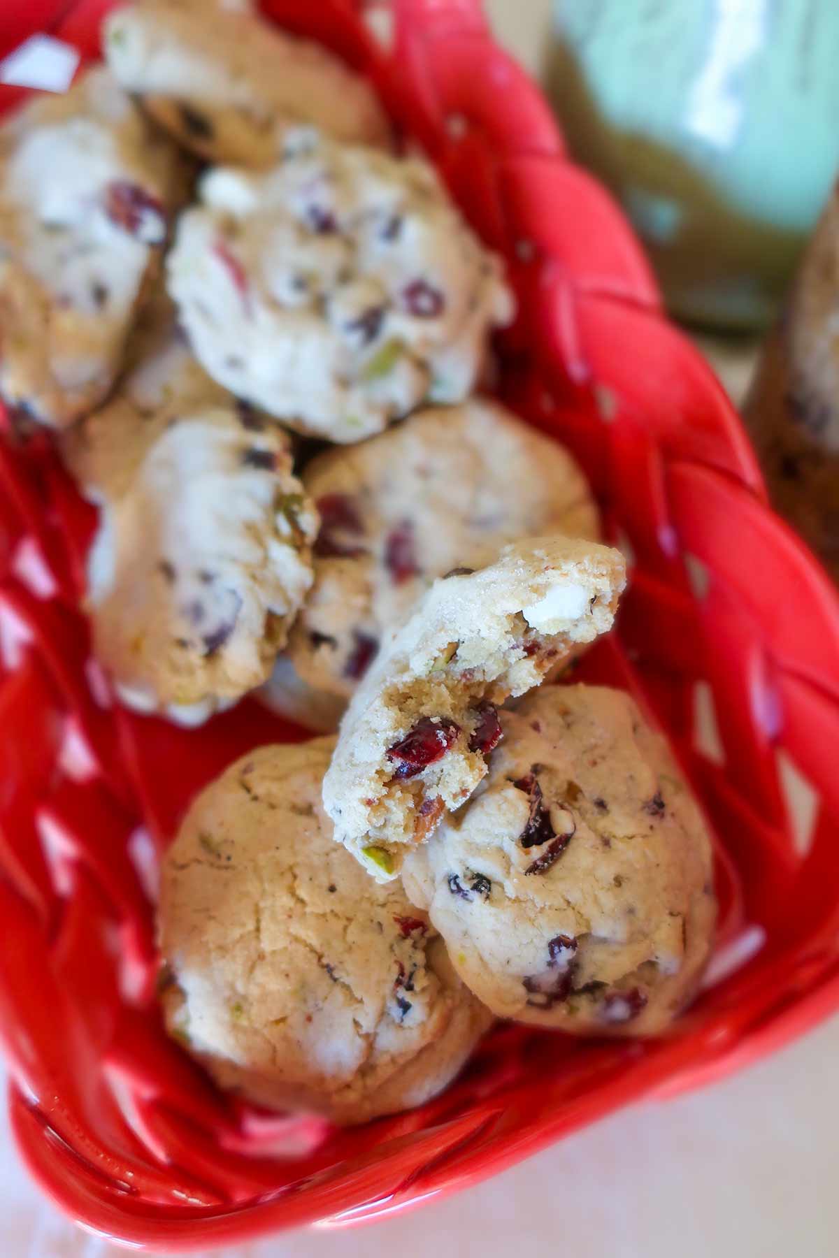 cranberry pistachio cookies in a basket