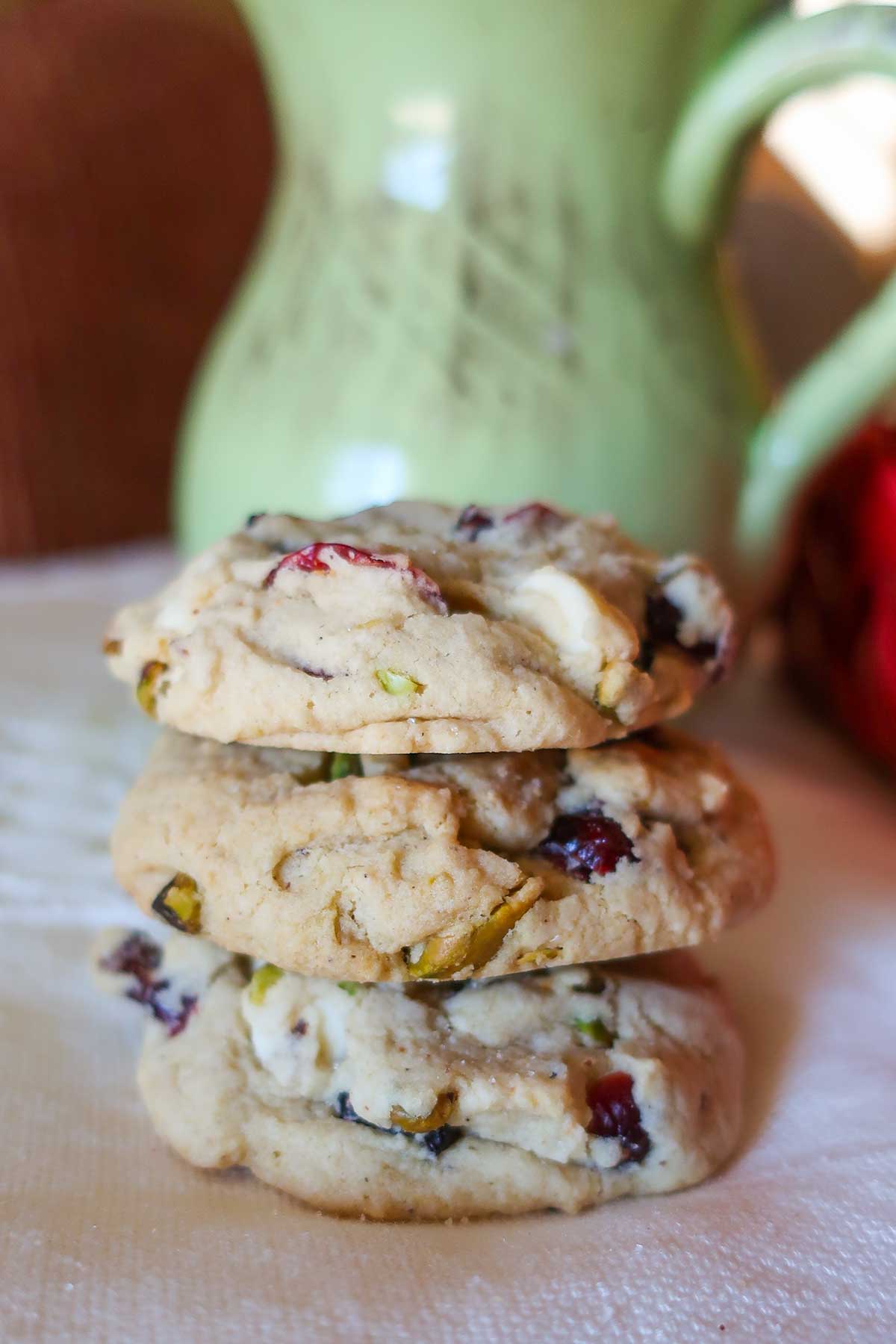 3 cranberry pistachio cookies stacked