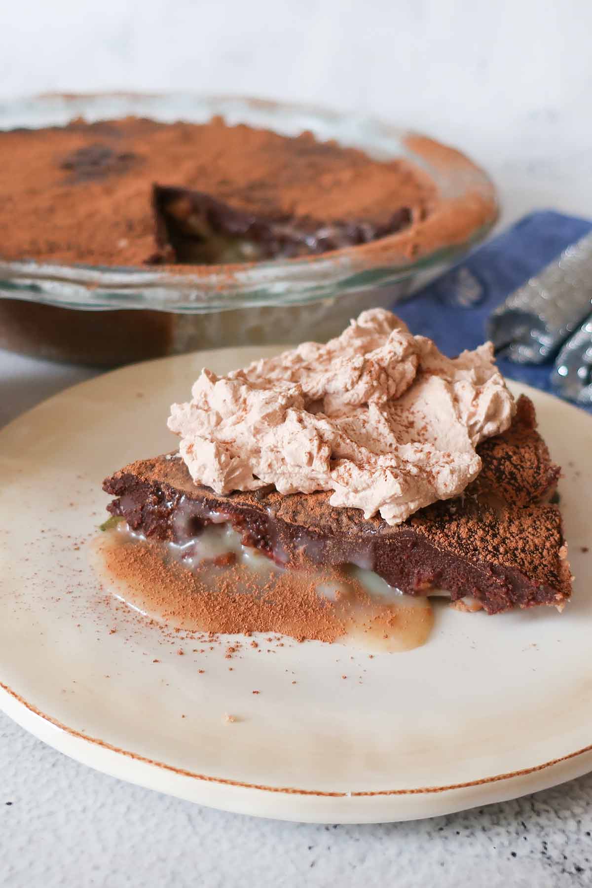 slice of turtle pie topped with whipped cream on a plate