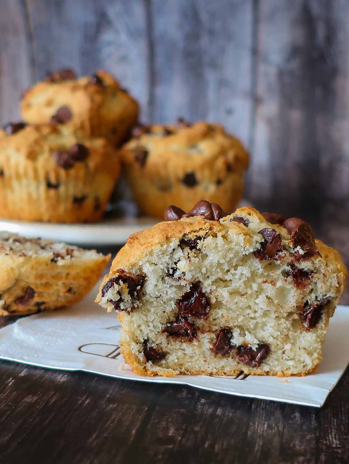 cross section of French chocolate chip muffin