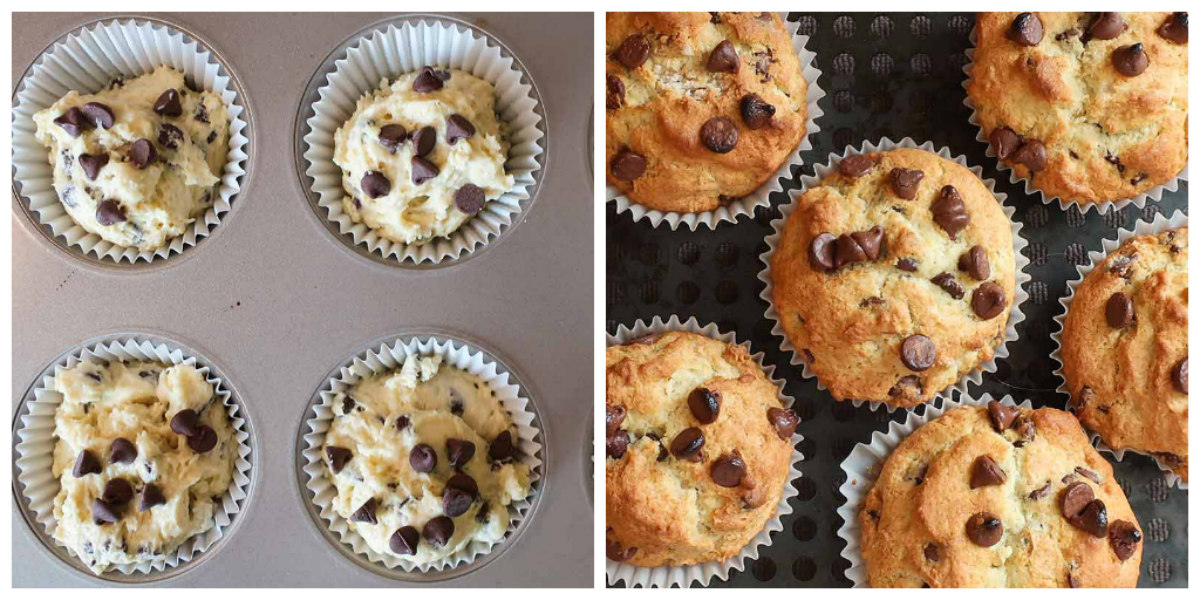 muffins in a pan before and after baking
