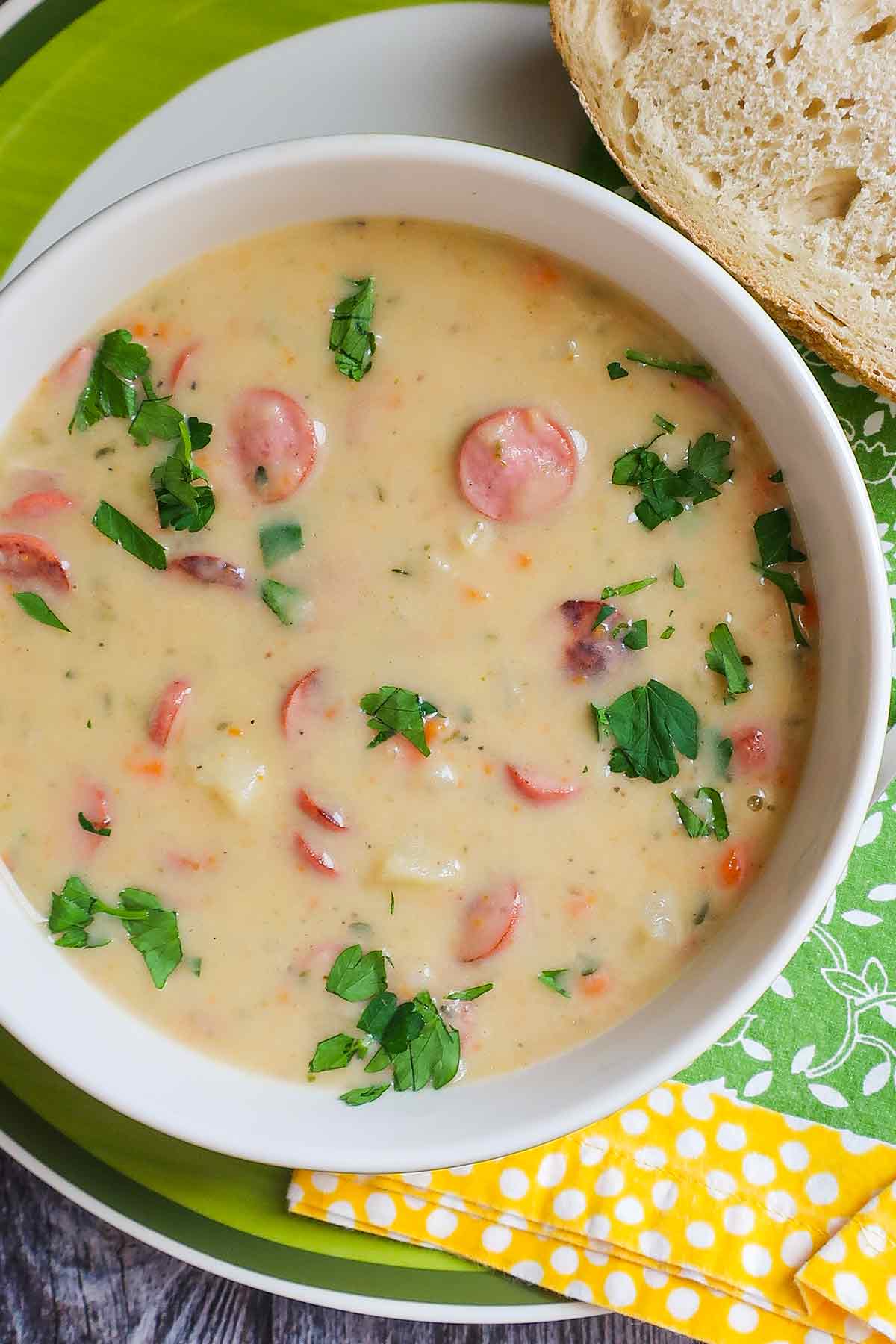 german potato soup with wieners overview close up