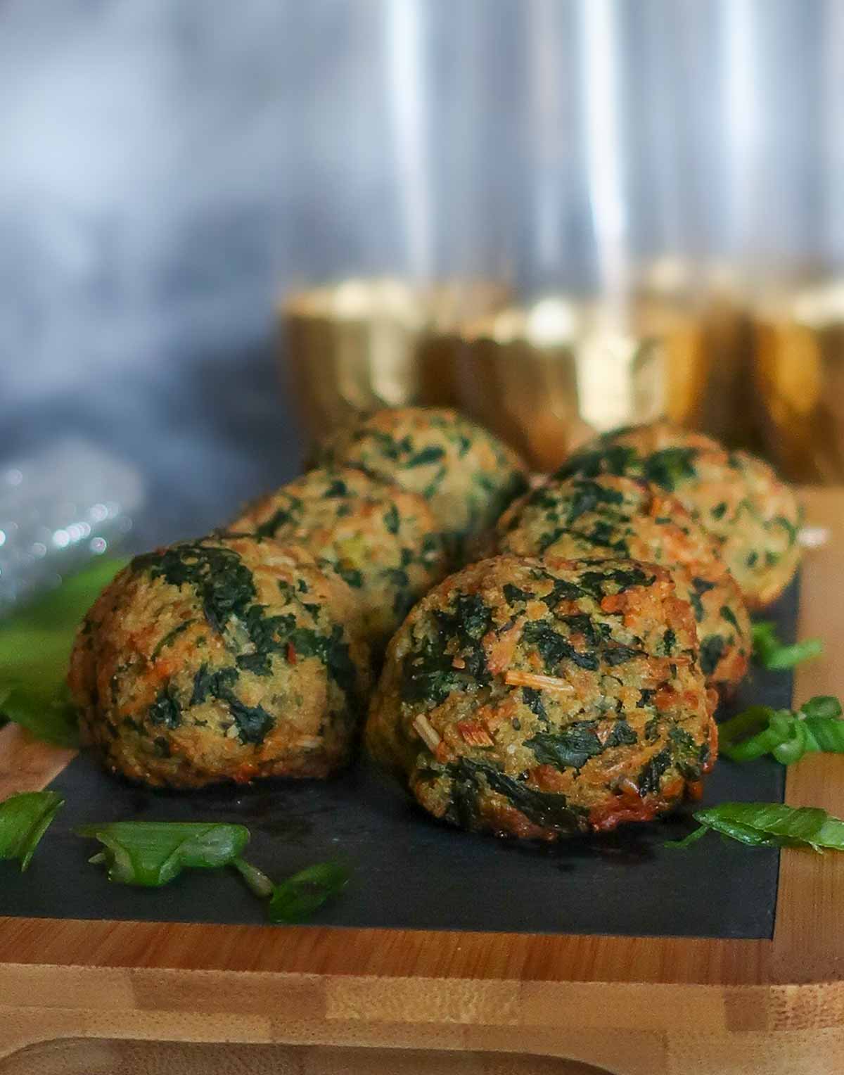 close up of baked spinach balls
