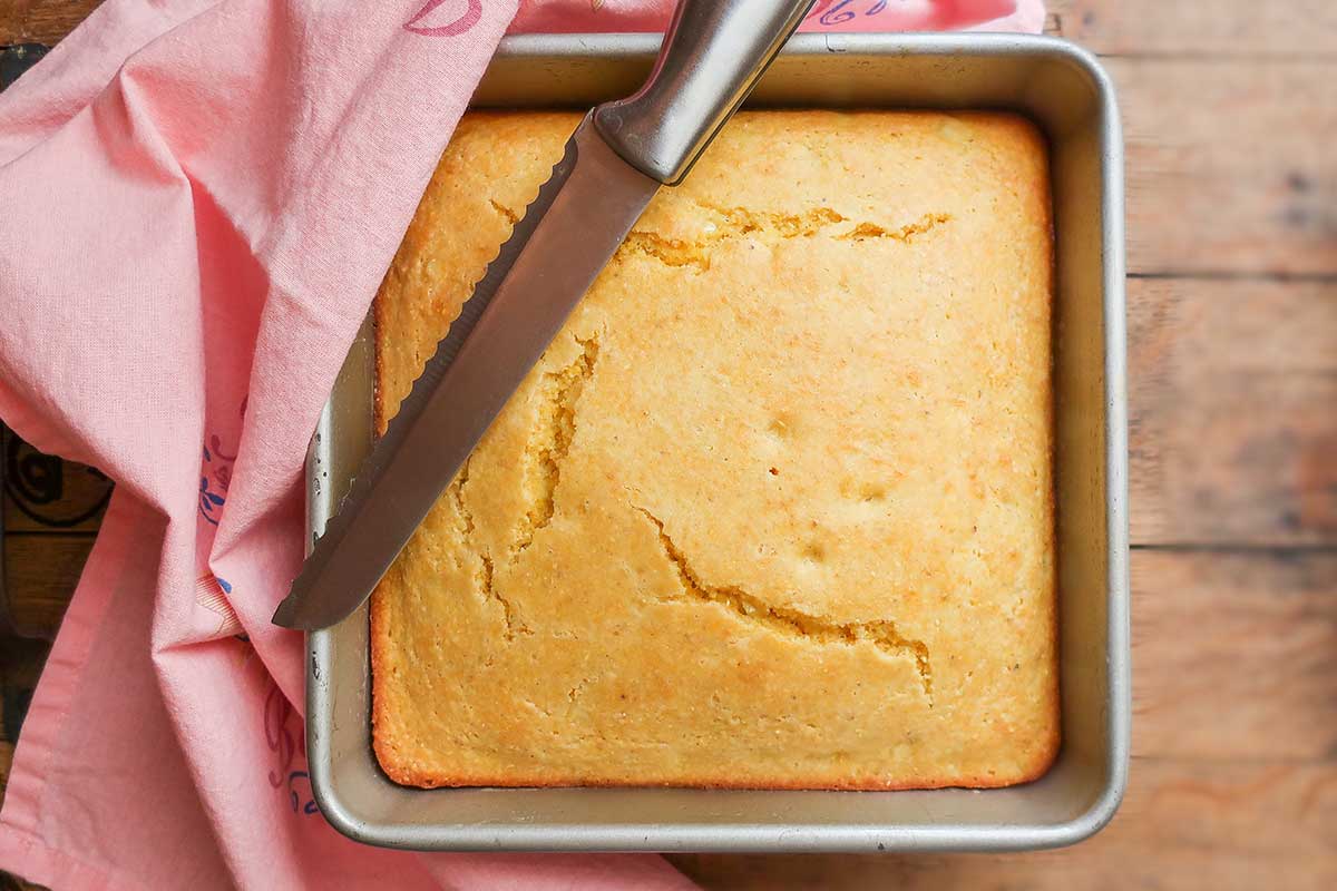 baked cornbread in a square pan