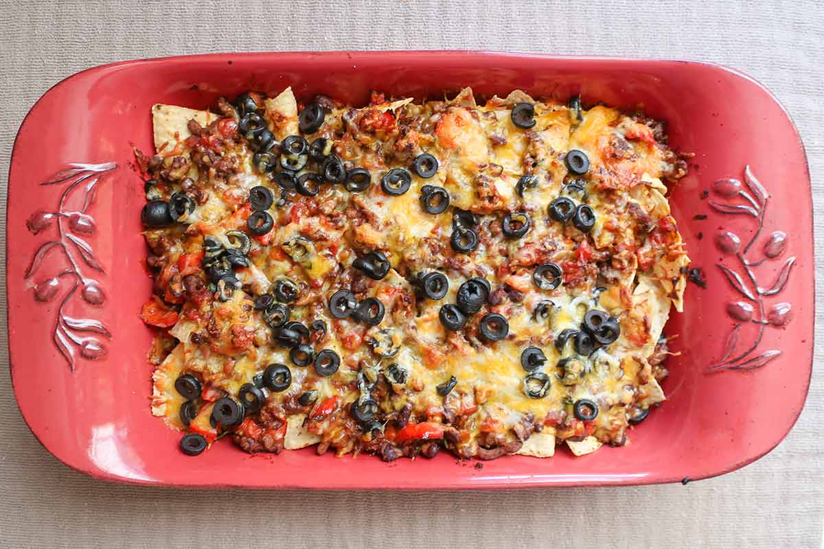 baked nacho dinner casserole in a dish
