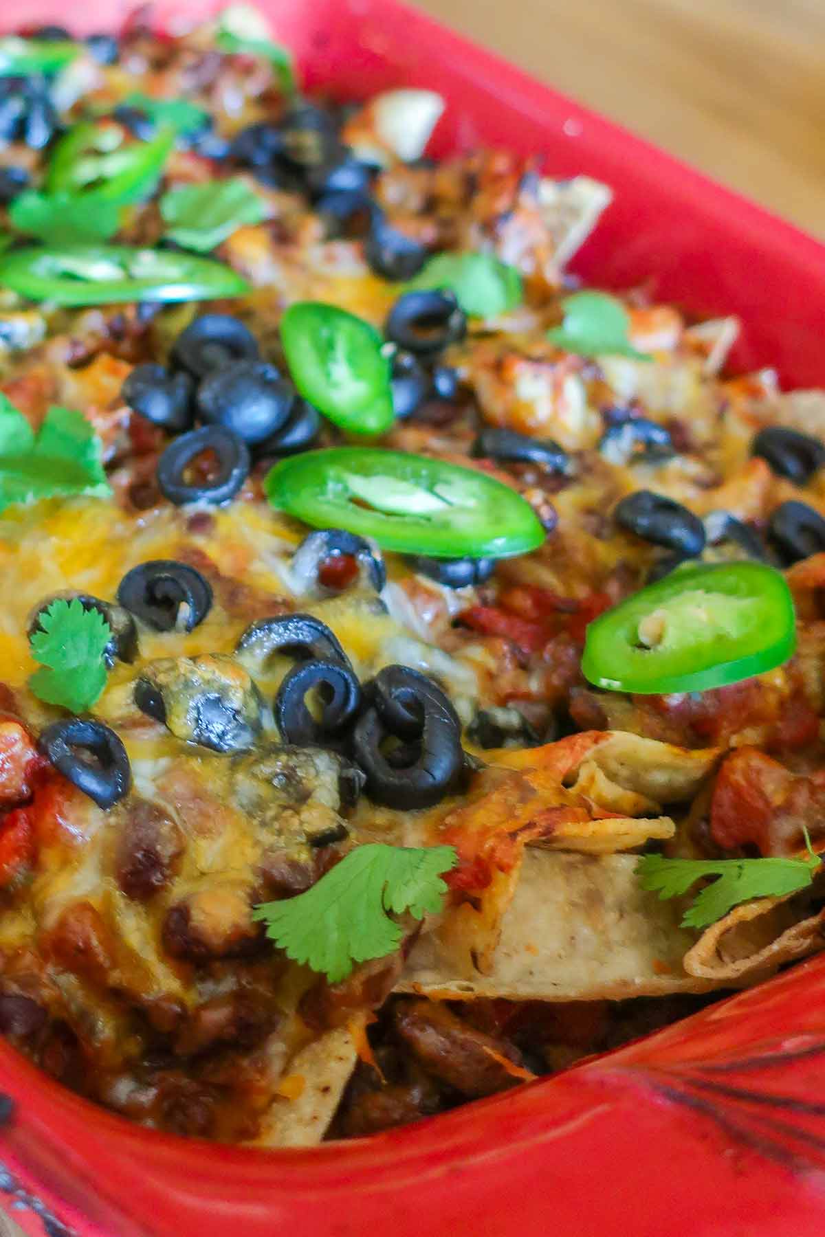 close up of baked Mexican nacho casserole