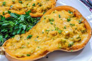 half a 4 ingredient stuffed butternut squash