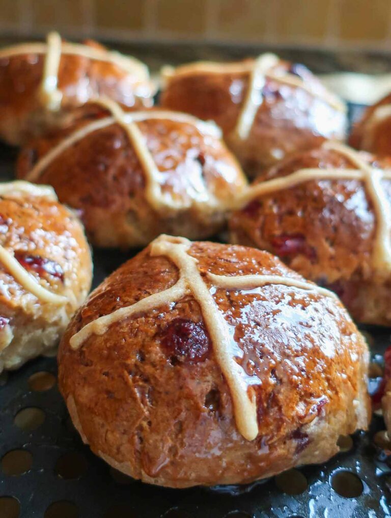 close up of gluten free hot cross buns