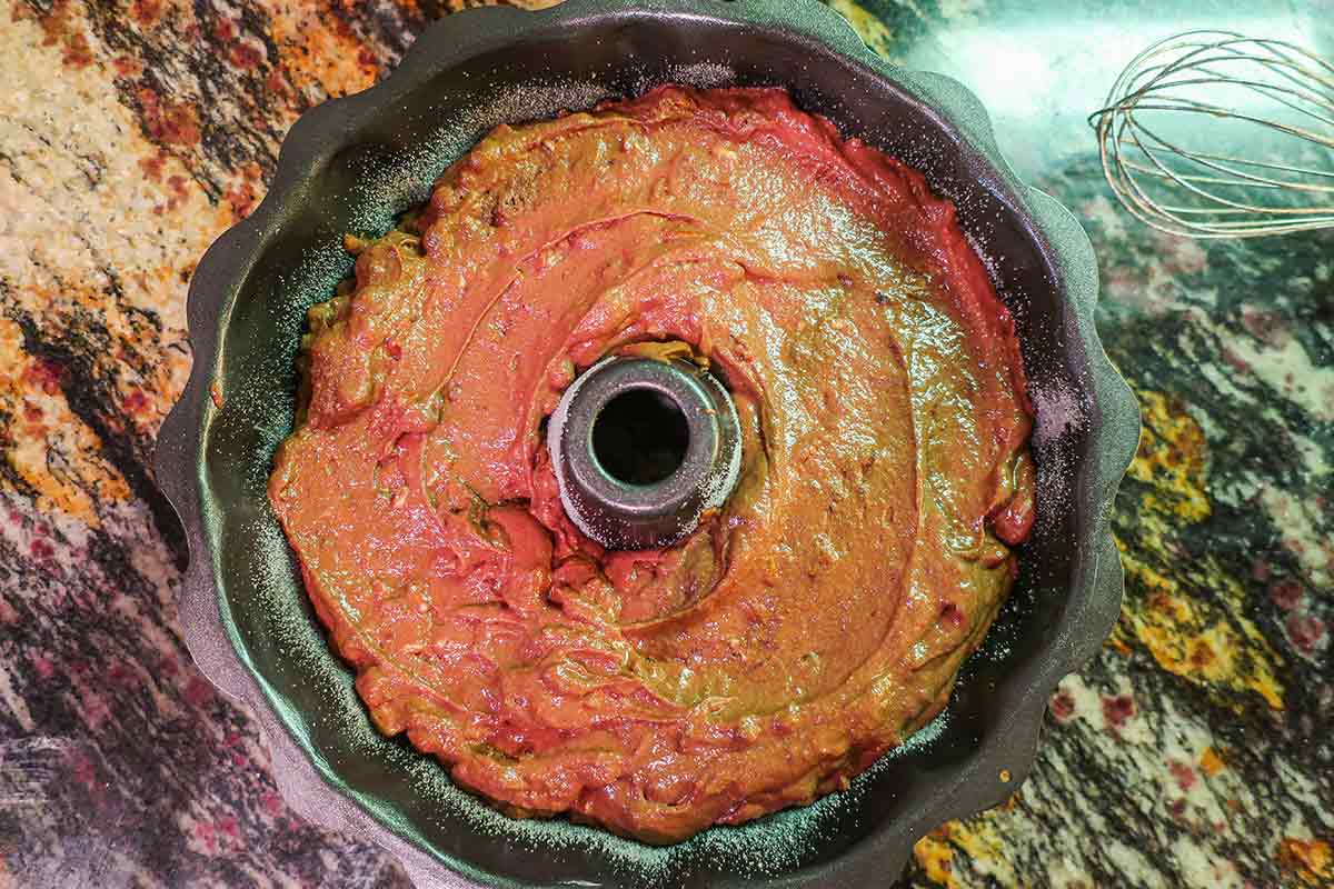 cake batter in a bundt pan