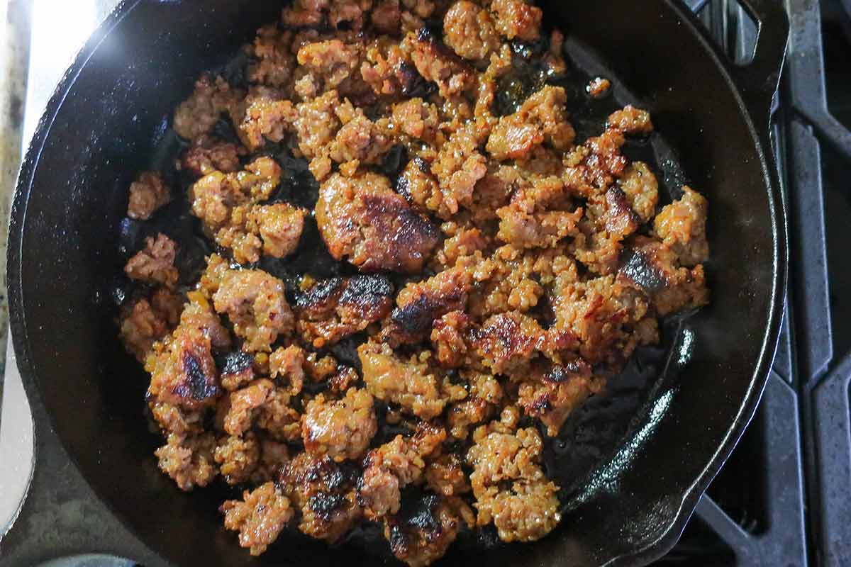cooked sausage meat in a skillet