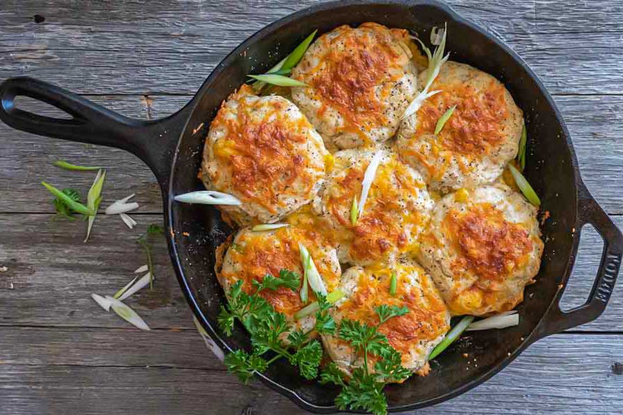 mashed potato biscuits in cast iron skillett