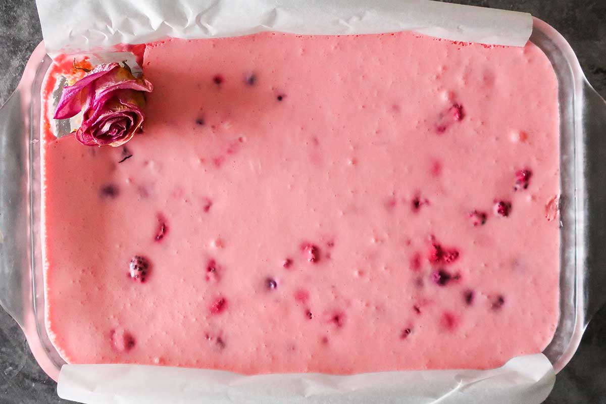 berry cream square filling set in a dish