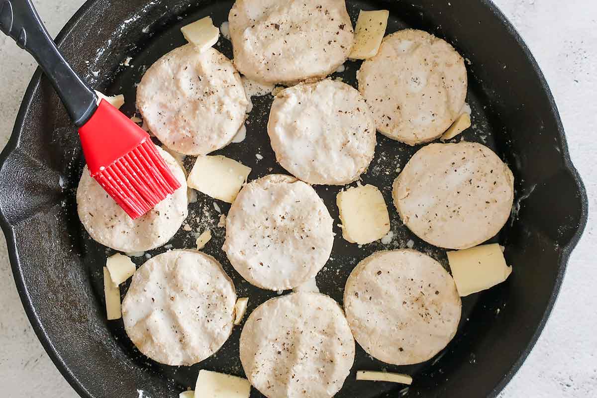 Parmesan-Honey-Biscuits in-a-cast-iron-skillet before baking