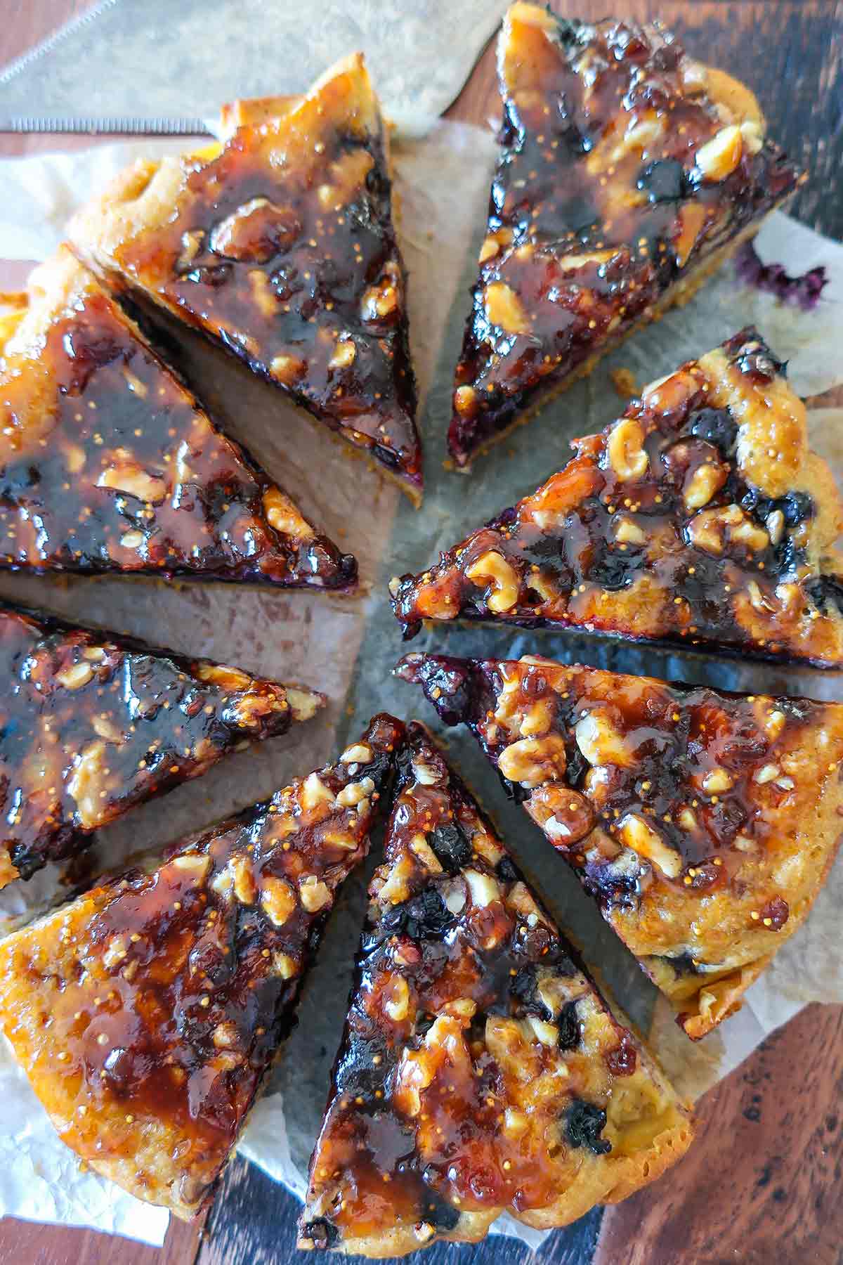 overview of 8 slices of Orange Blueberry Cornmeal Cake 