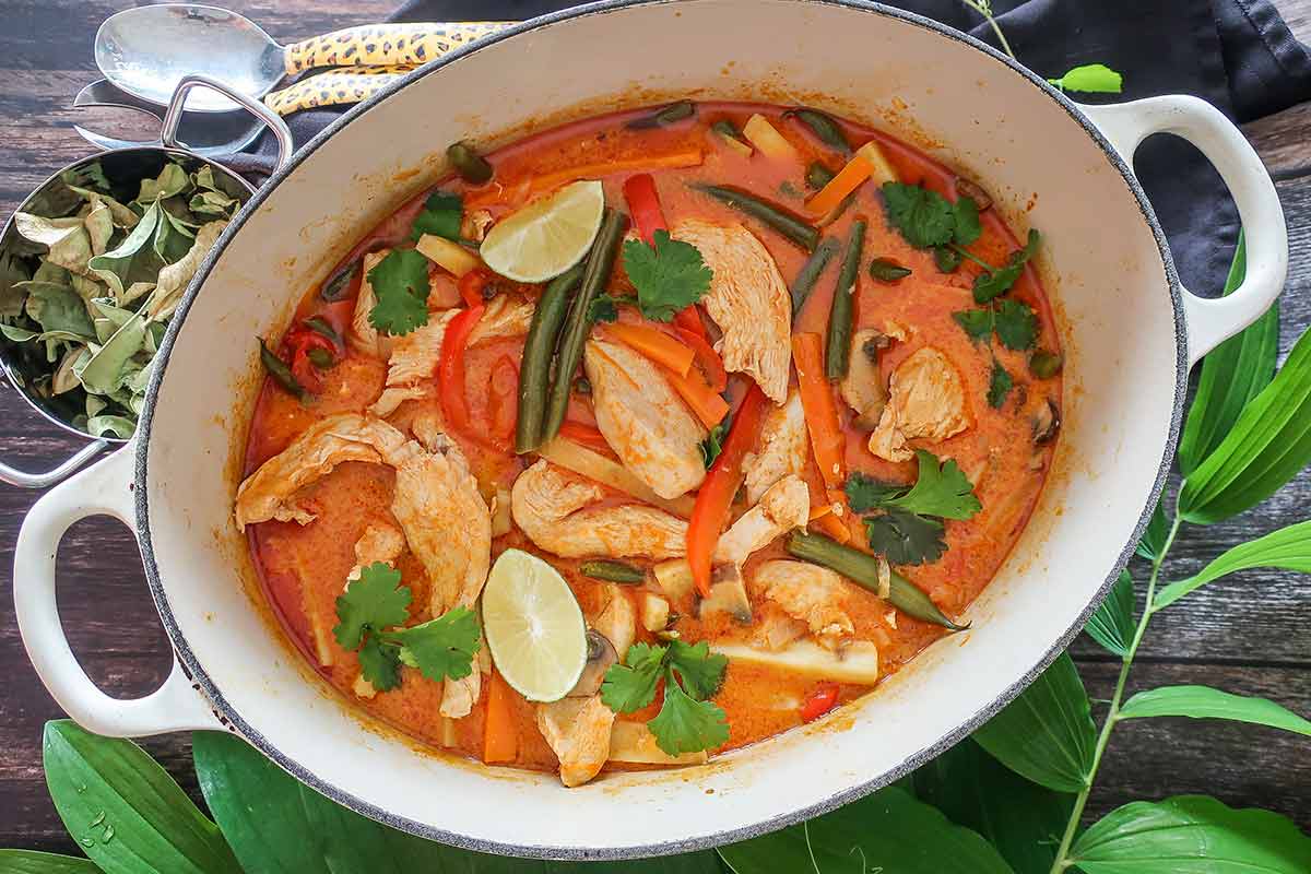 thai chicken curry in a skillet