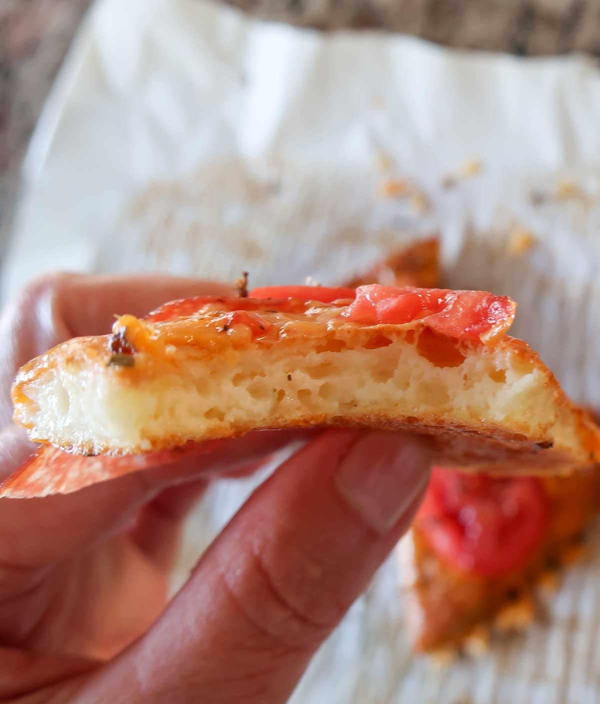 close up of the inside of a cottage cheese flatbread