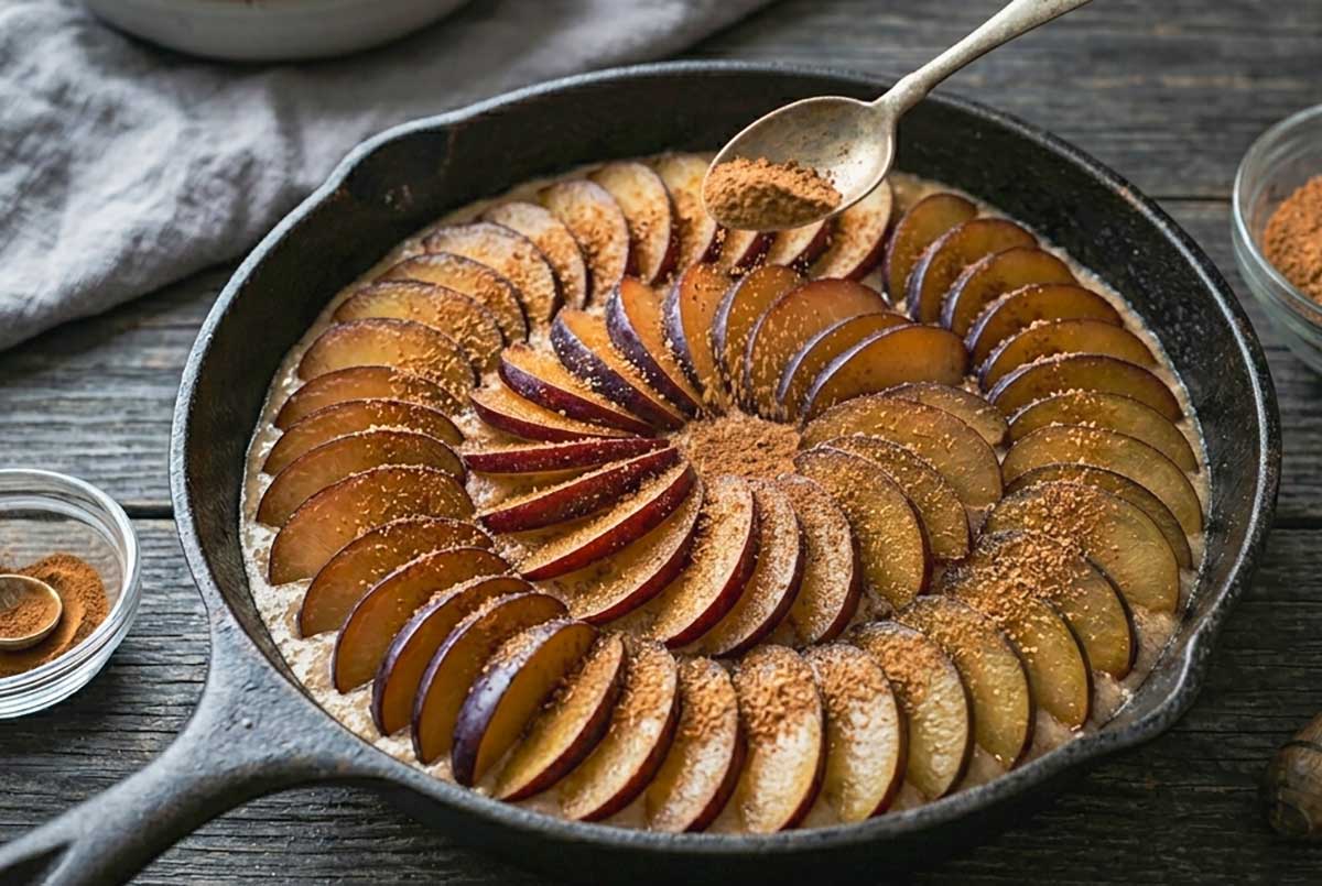process shot of fanned plums on top of batter in a skillet and sprinkling with coconut cinnamon sugar
