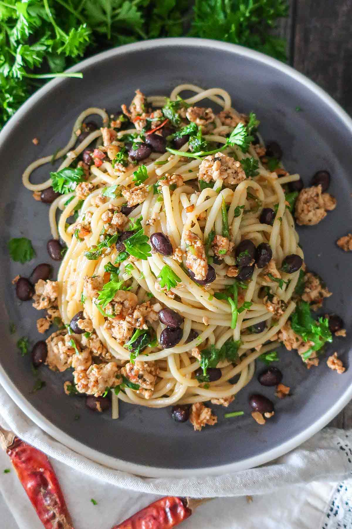 overview of gluten-free spaghetti quattro in a bowl