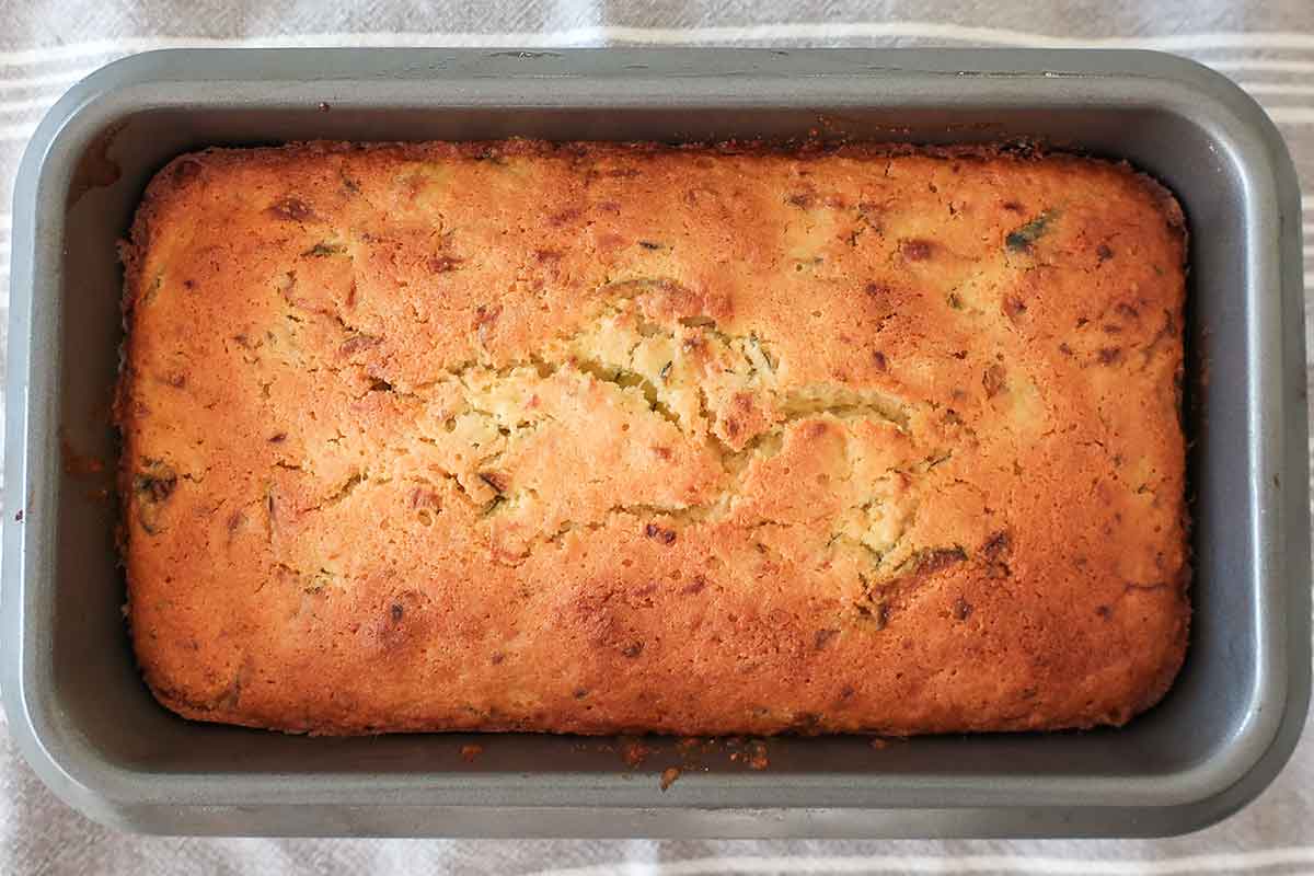 baked zucchini lemon loaf in a loaf pan