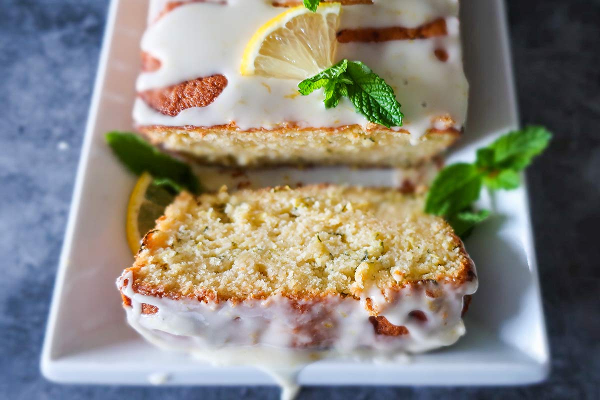 zucchini lemon rice flour loaf cake sliced