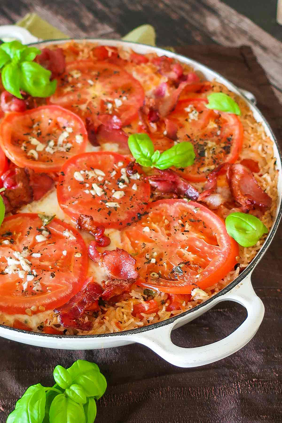 gluten free BLT chicken rice bake casserole in a skillet