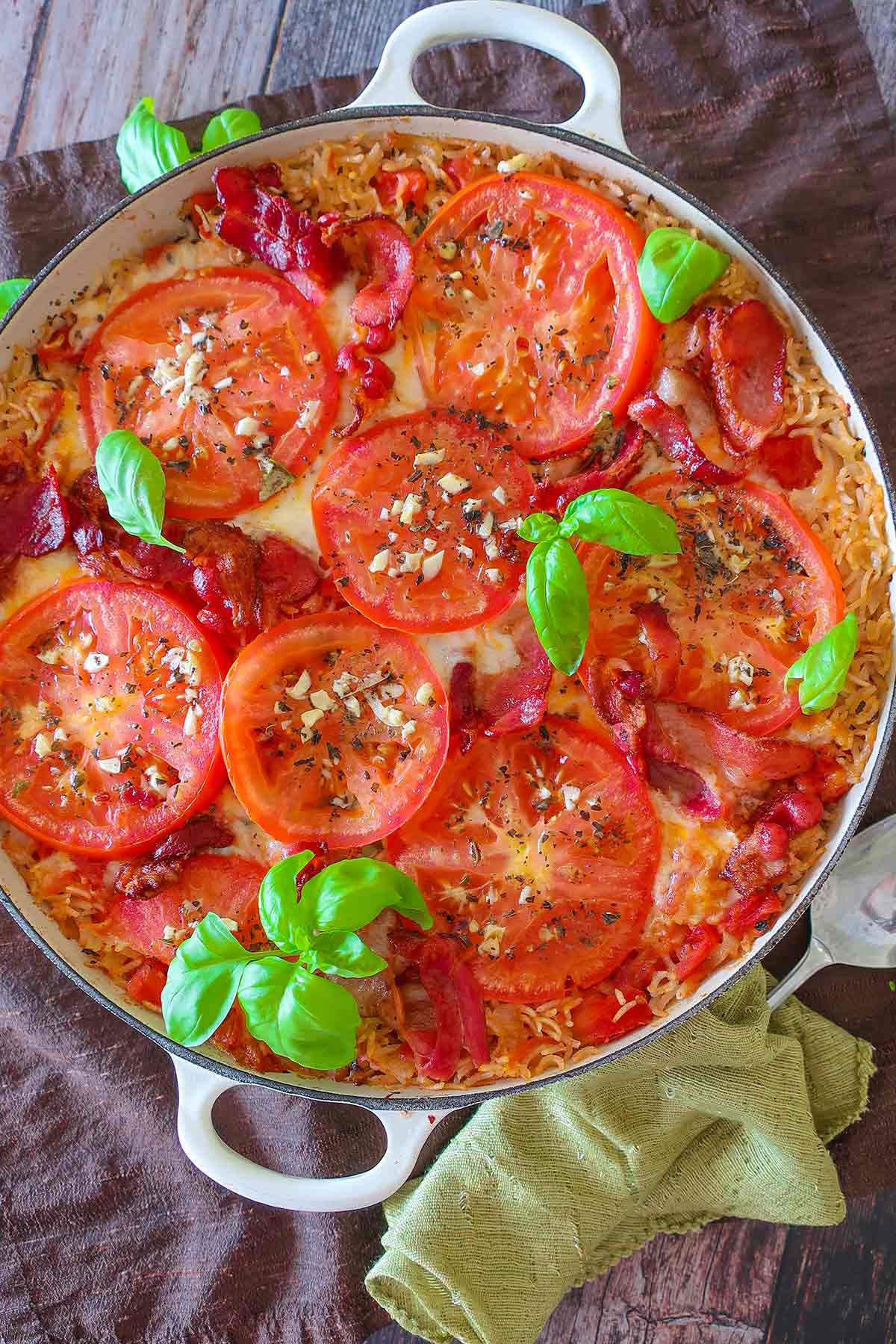 top view of baked BLT chicken rice bake casserole in a skillet