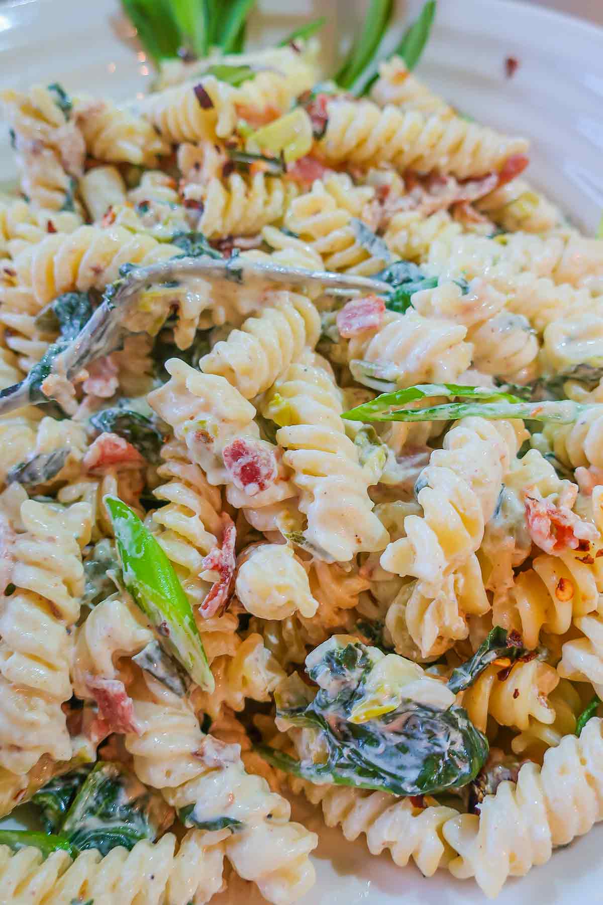 close up of creamy pasta with bacon, spinach and fresh herbs in a bowl