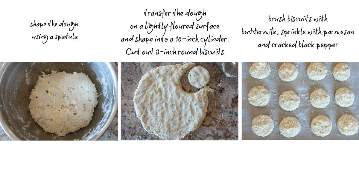 3 steps showing the round dough texture, cutting out biscuits, biscuits placed on a baking sheet before baking