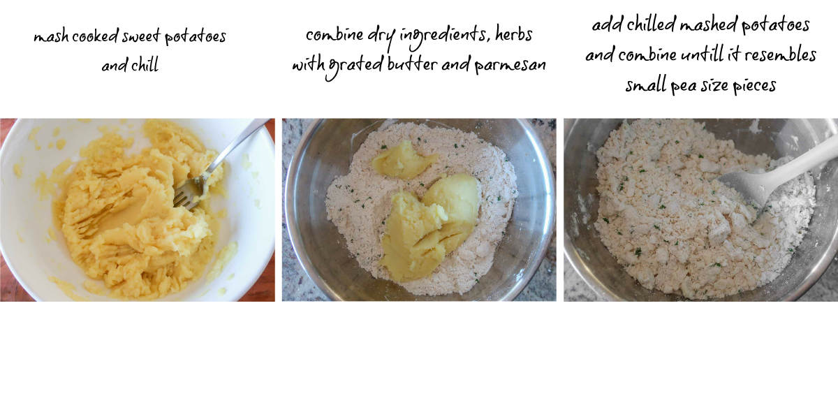 step by step pics for making biscuits. Mashed sweet potatoes, adding sweet potatoes and combined mixture