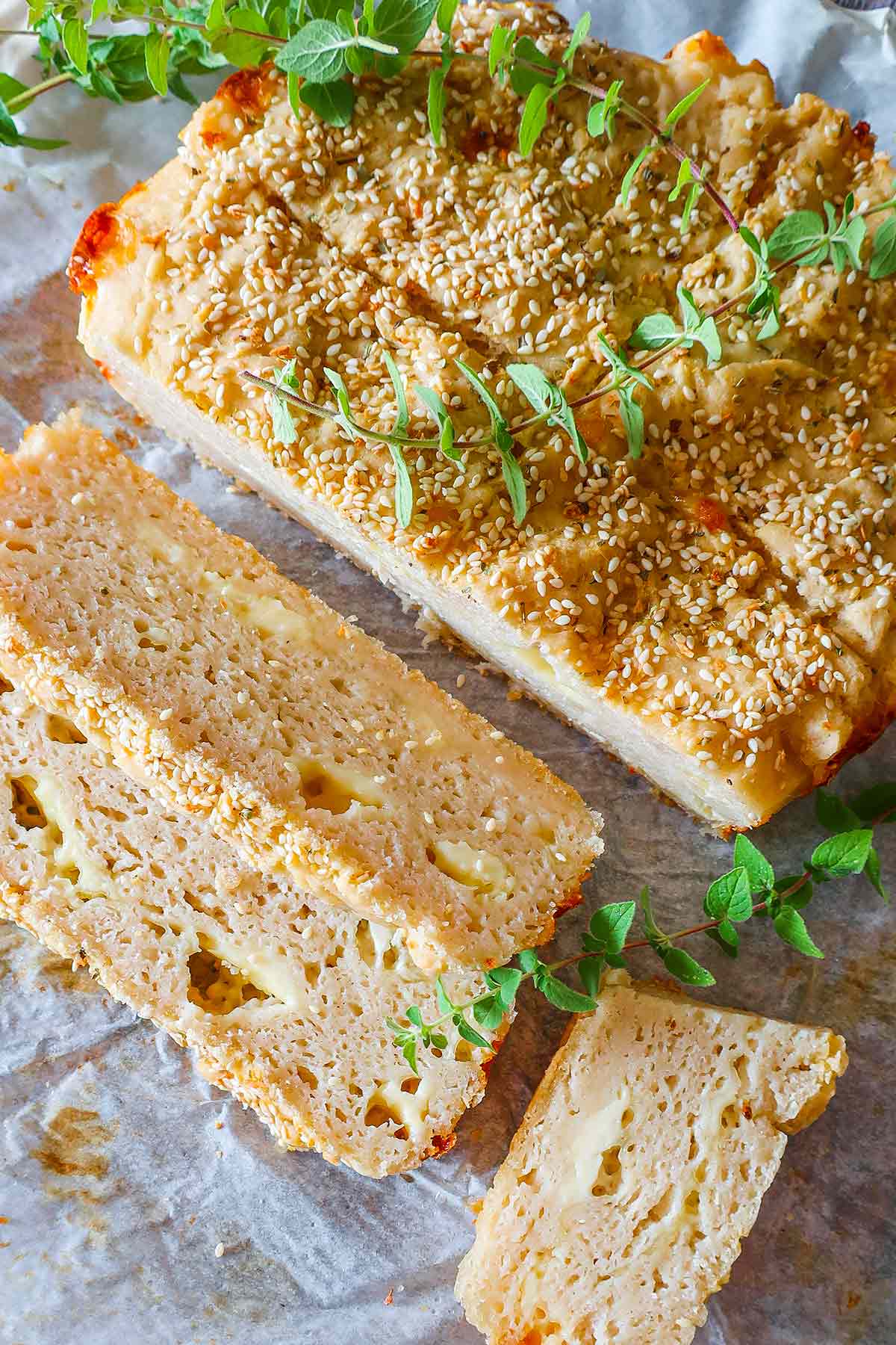 close up of sliced greek cheese bread