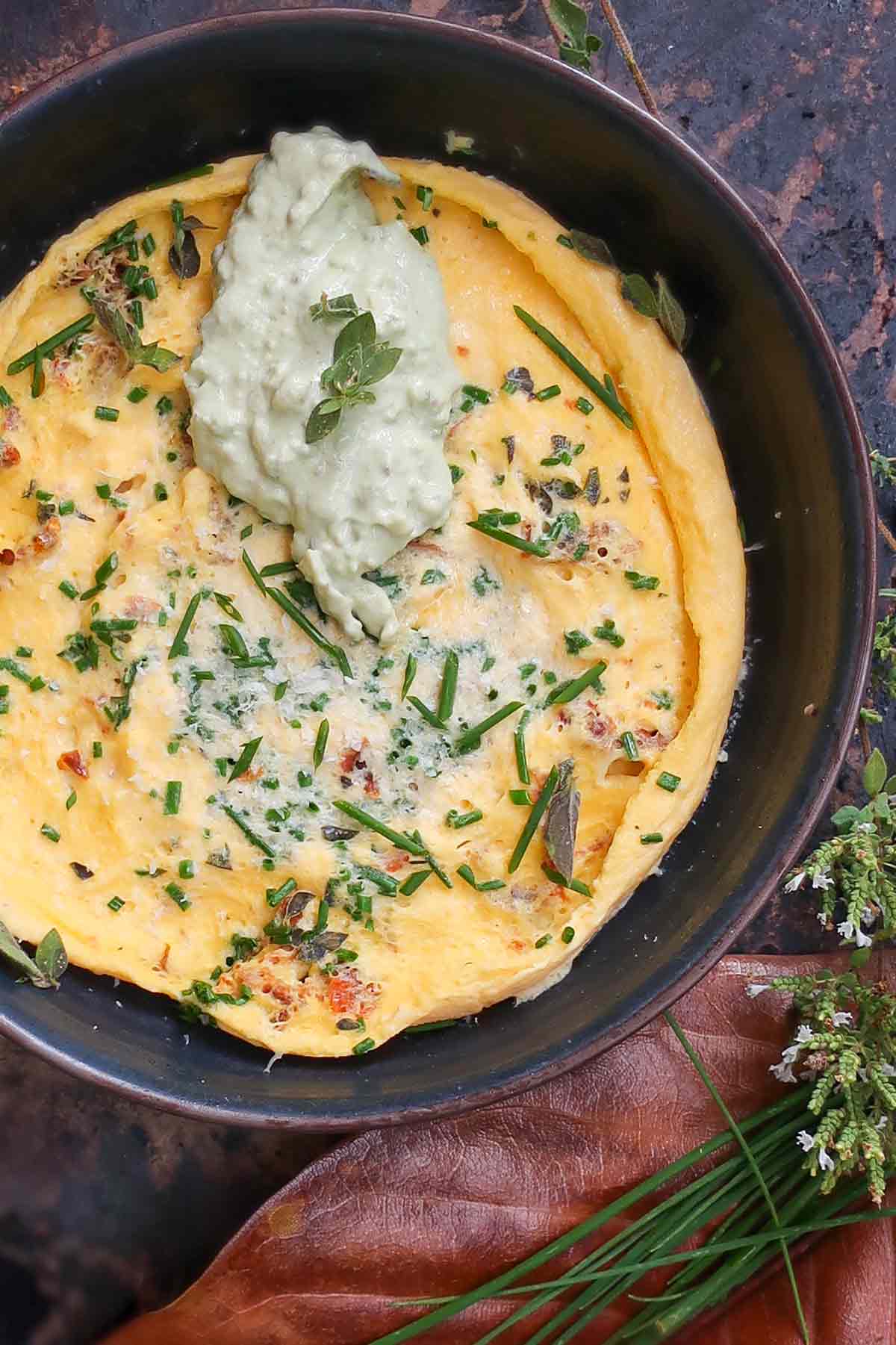 top view of cooked 3 minute omelet in a bowl