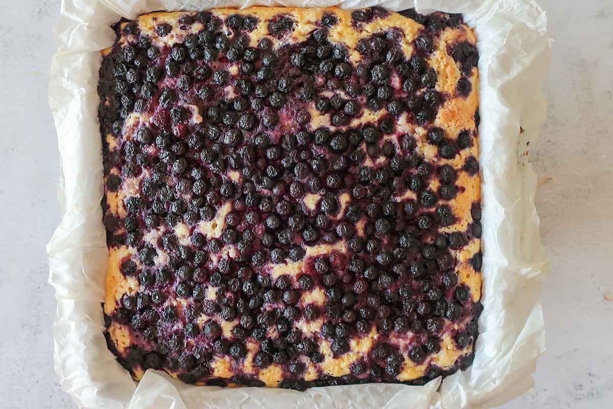 baked Russian cottage cheese with blueberries in a square pan