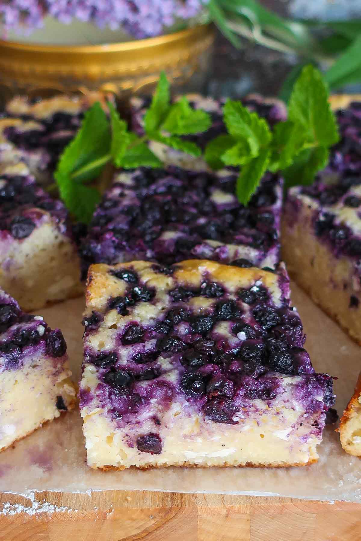 slice of Russian cottage cheese cake with blueberries