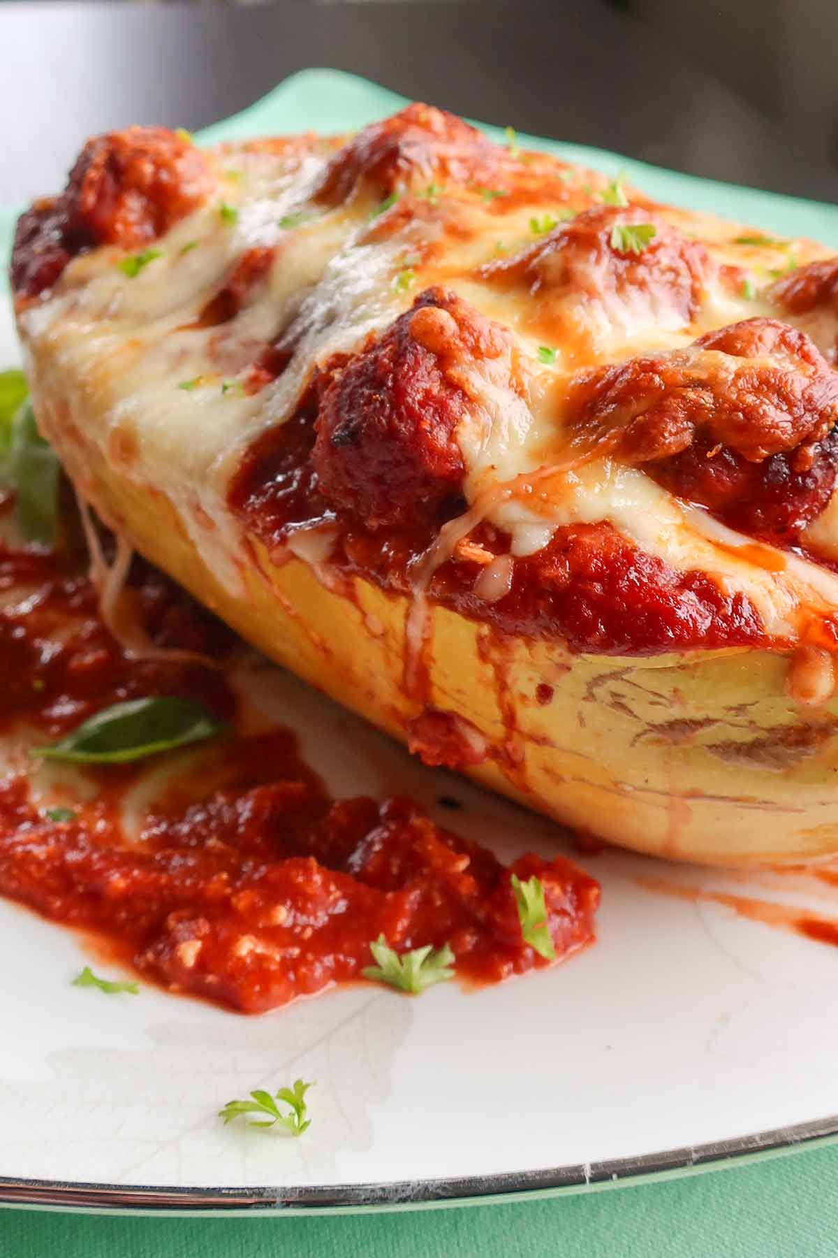 Squash Boat with Cheesy Meatballs in Marinara, gluten free and low carb