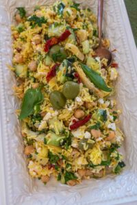North African rice with chickpeas, artichokes and olives on a platter
