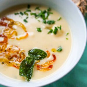 Cheesy Cauliflower Soup with Crispy Sage-Onion Topping