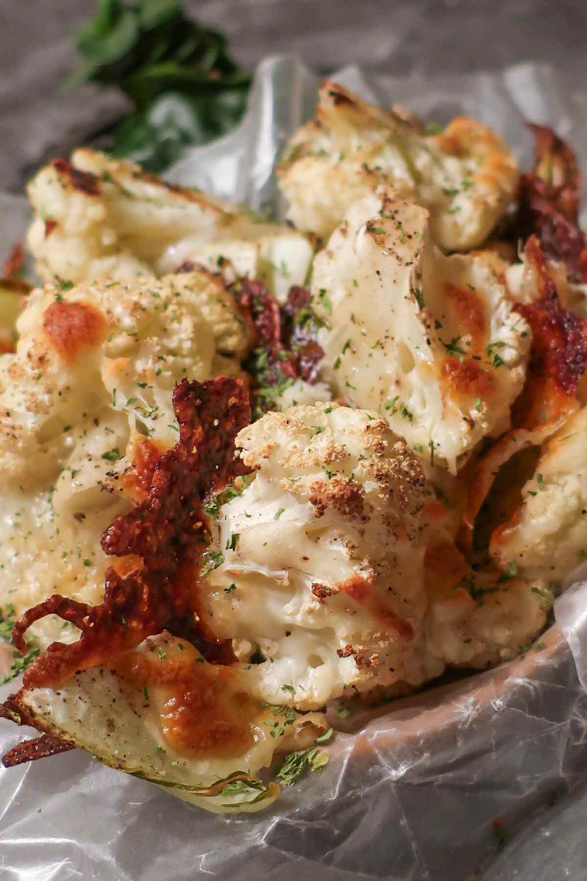top view of roasted cheesy cauliflower