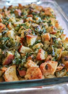 gluten free baked herb and onion stuffing in a dish