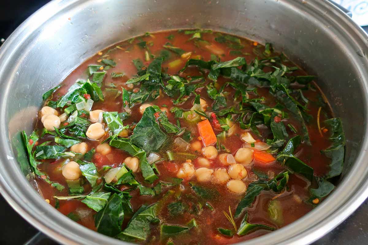 sicilian chickpea soup simmering before the dumplings are added